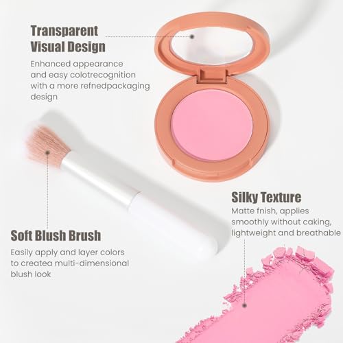 Peach Orange Matte Powder Blush Palette with Brush - Lightweight & Blendable