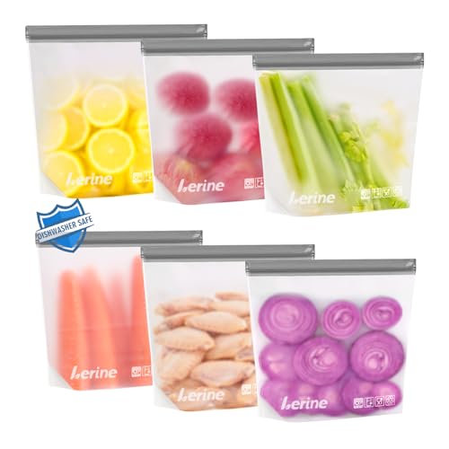 Lerine Reusable Gallon Freezer Bags - Leakproof, Dishwasher Safe, 6 Pack