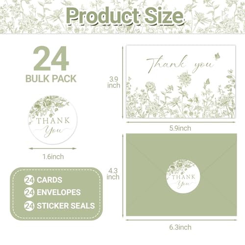 24 Pack Sage Green Floral Thank You Cards with Envelopes & Stickers