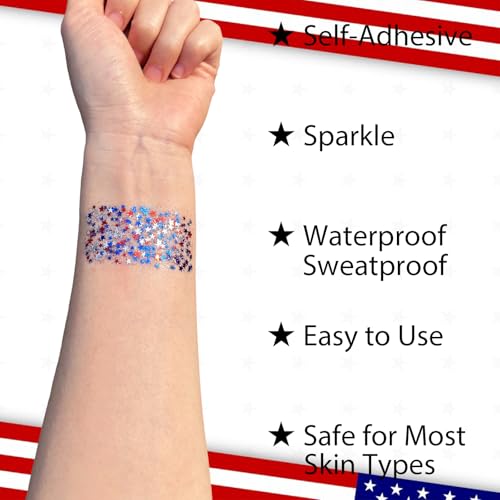 Mysense Red White and Blue Face Hair Body Glitter Stick with Star Sequins,4th of July Outfits for Women Kids,Patriotic USA Accessories for Independence Day Memorial Day 250 Anniversary