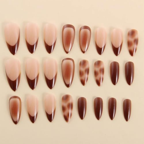 Leopard Print Almond Press-On Nails with Brown French Tips - 24 Pcs