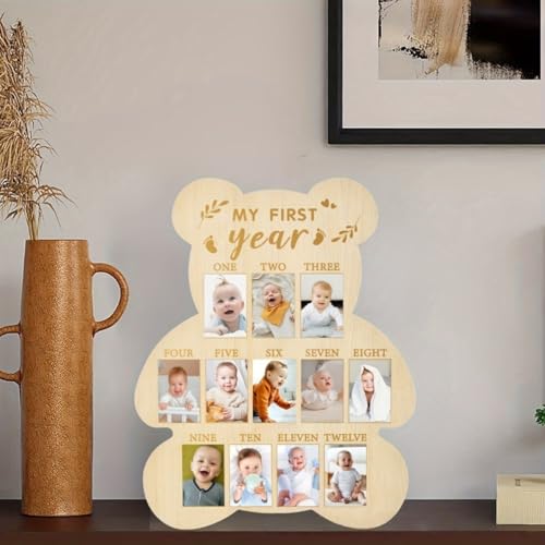 Wooden Photo Board for Baby's First Year Milestones - 12 Monthly Picture Frame