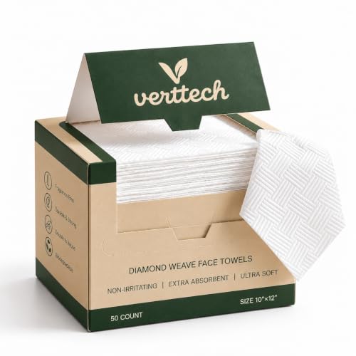 Verttech XL Disposable Face Towels 50 Pack – Soft Diamond Weave Facial Wipes for Skincare & Makeup Removal