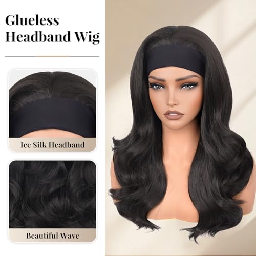 Ninroc 22in Black Headband Wig - Long & Body Wave, Synthetic, No Glue