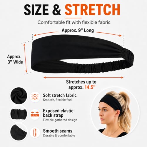 Calbeing 5-Pack Wide Black Headbands for Women – Non-Slip Elastic Sweatbands (5 Pure Black)