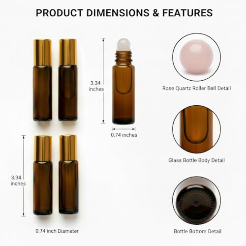 4 Pack Rose Quartz Roller Bottles - 10ml Amber Glass Essential Oil Kit