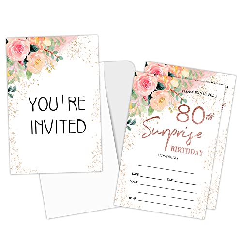 80th Birthday Party Invitations - Floral Pink Theme, Set of 20