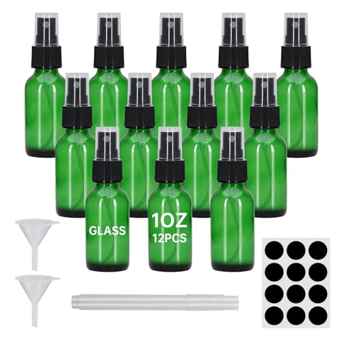 12Pcs 1 oz Reusable Glass Spray Bottles - Leak-Proof Fine Mist for Travel & Skin Care