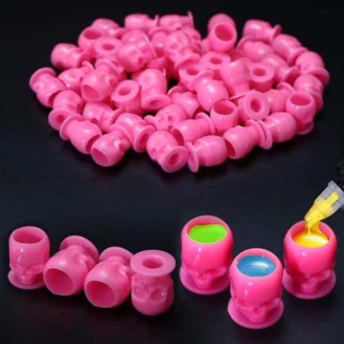YILONG Skull 200pcs Disposable Tattoo Ink Cups with Stable Base Pink - 14mm Cap, 18mm Base