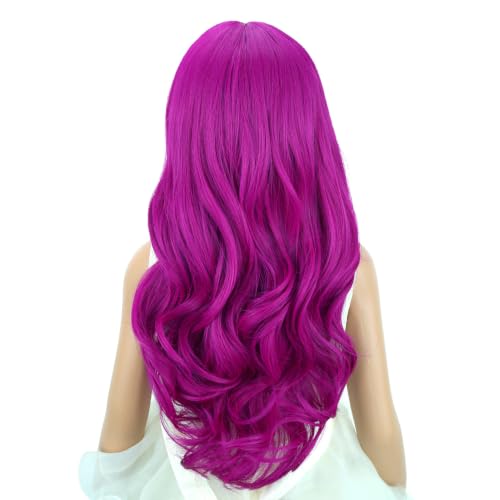 Kids Long Wavy Rose Purple Wig with Bangs - 22-Inch Synthetic Curly Hair