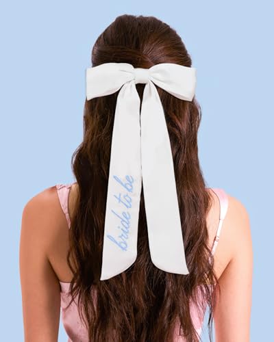 Bride to Be White Satin Hair Bow with Blue Embroidery - Perfect for Bachelorette Parties