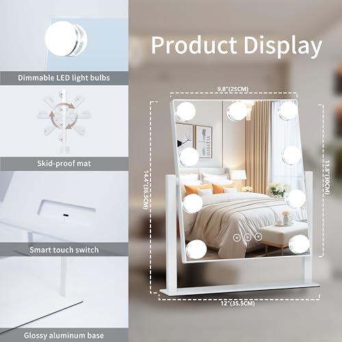 Kotdning Vanity Mirror with Lights,Lighted Vanity Mirror with 9 Dimmable Bulbs for Dressing Room & Bedroom,3 Color Lighting,Modes Detachable 10x Magnification 360¡ÆRatation(White) 12" L x 14.4" W