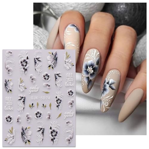 JMEOWIO 6 Sheets 3D Spring Flower Nail Art Stickers
