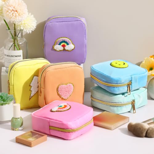 6 Pcs Mini Preppy Makeup Bags - Chenille Letter Nylon Cosmetic Pouch (Fresh Color)