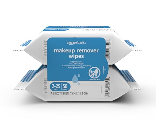 Amazon Basics Fragrance-Free Makeup Remover Wipes, 25 Count (Pack of 2) – Gentle Waterproof Mascara Removal