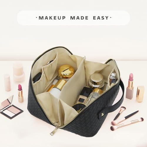 JINYIBAGS Black Large Travel Makeup Bag with Waterproof PU Leather & Double Zipper - Organizer for Women