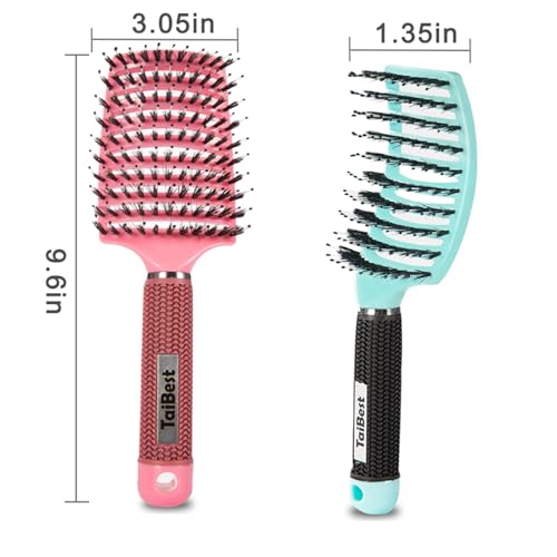 Boar Bristle Hair Brush Set for Fine, Thick, Curly Hair - Curved & Vented Detangler for Men, Women, Kids