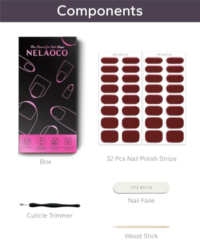 Nelaoco True Crimson Red Nail Polish Strips 32PCS Salon-Quality Gel Wraps, Long-Lasting & Waterproof