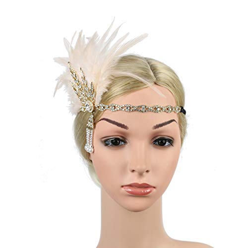 Vintage 1920s Flapper Headband - Gold & Champagne Feather Accessory