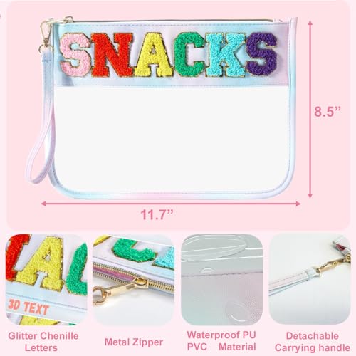 HIGH FIT Waterproof Clear Cosmetic & Snack Pouch with Chenille Letter Patch - Travel Makeup Bag, Multi-Use, Color: Snack