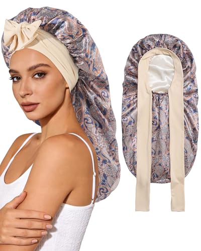 AWAYTR Long Satin Bonnet for Sleeping - Cashew Flower Reversible Sleep Cap