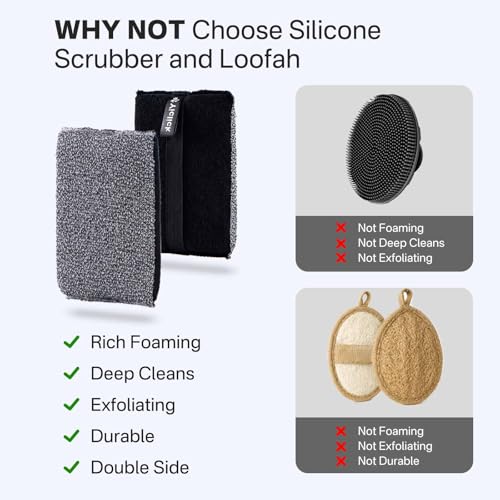 Exfoliating Body Scrubber 2 Pack with Handle - Dual-Texture Loofah