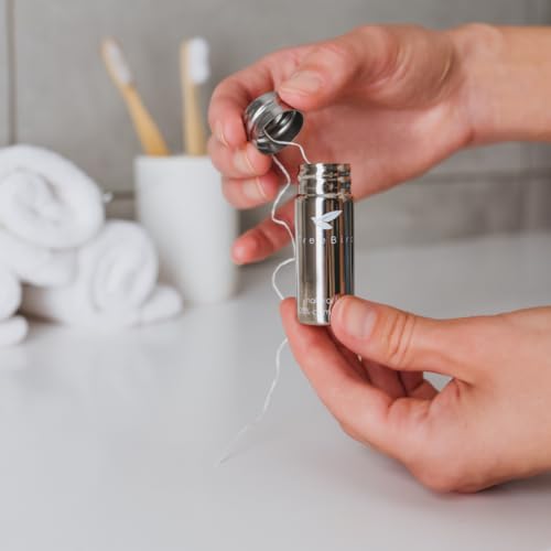 TreeBird Pure Silk Dental Floss Kit - Refillable Stainless Steel Dispenser with Mint Floss