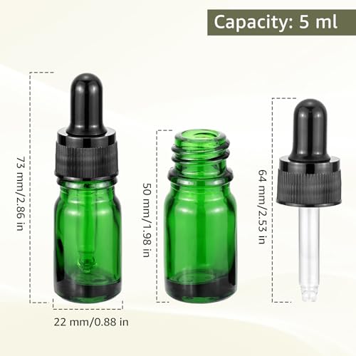 JIWU Green 5ml Glass Dropper Bottles with Funnels - Sample Vials for Essential Oils