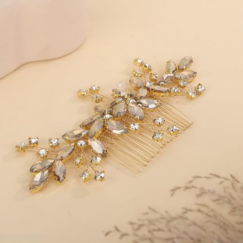 Champagne Crystal Gold Hair Comb for Women - Handmade Bridal Headpiece