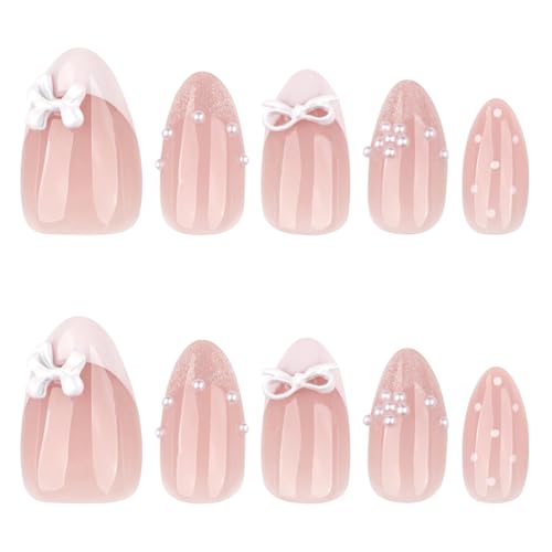24pcs White French Tip Press-On Nails with 3D Pearl Design