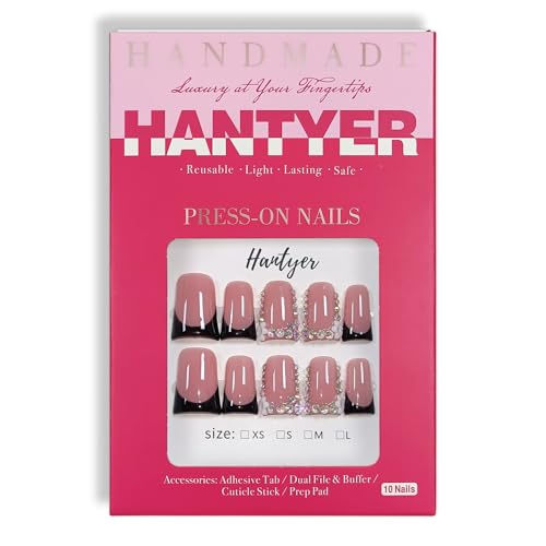 10pcs Hantyer Short Duckbill Glossy Black French Press On Nails Kit - M Size with Rhinestones & 3D Flower Designs