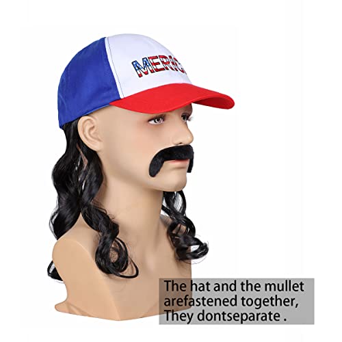 Red White Blue Mullet Wig with Mustache Hat for Men - 4th of July