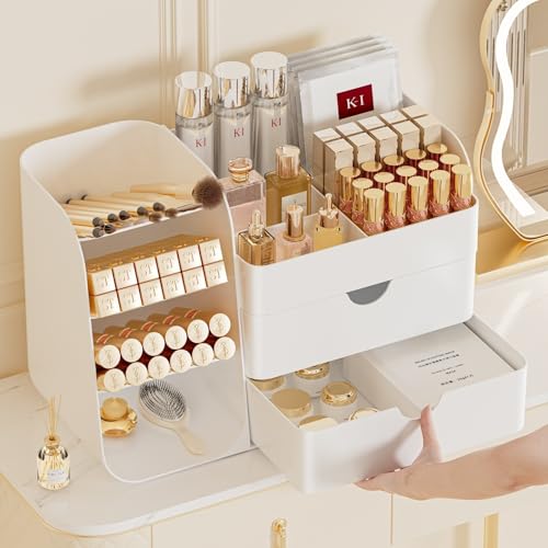 Large Makeup Organizer for Vanity with Drawers and Brush Holder, White