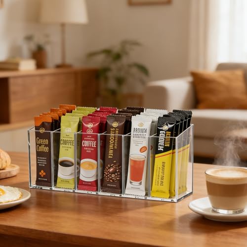 Acrylic Drink Packet Organizer with Removable Dividers - 6 Compartment Storage