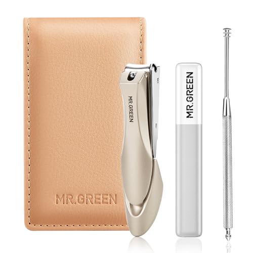 MR.GREEN Khaki 3PCS Nail Clipper Set with Anti-Splash Fingernail Clippers, Ear Pick, Glass Nail File, Leather Case