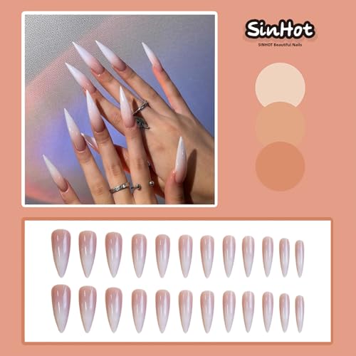 SINHOT Long Stiletto Press On Nails with Design - 24 pcs, White Gradient, Nude, Glossy Glue-On Fake Nails, Model 72FN0001