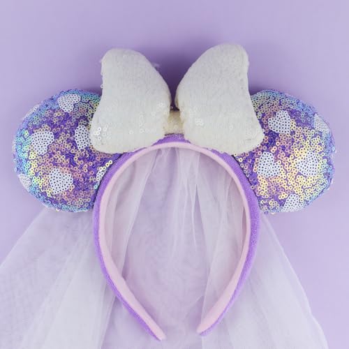 3D Purple Heart Bridal Mouse Ear Headband with Veil - LIHELEI