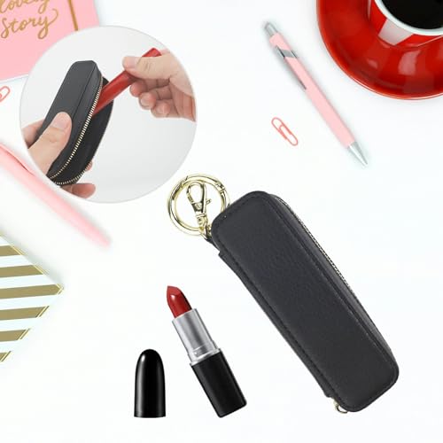 Bocasal Black Leather Lipstick Holder Pouch with Keychain