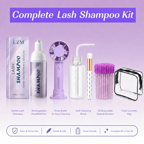Lash Shampoo Kit with Foam, Brush, Spoolies, Fan & Travel Bag for Extensions & Natural Lashes