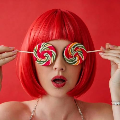 Red Bob Wig with Bangs 12 Inch Short Straight Synthetic Hair for Women - Nereyda