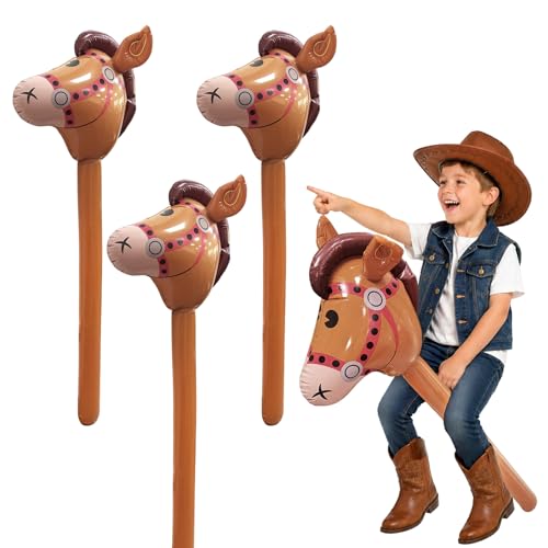 Inflatable Horse Head Stick - 3 Pack 37 Inch Brown Pony Toys