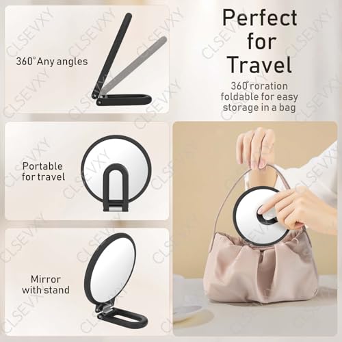 CLSEVXY Magnifying Handheld Mirror Double Sided, 1X 15X Magnification Hand Mirrors, Travel Folding Hand Held Mirror, 360¡ÆRotation Pedestal Makeup Vanity Mirror