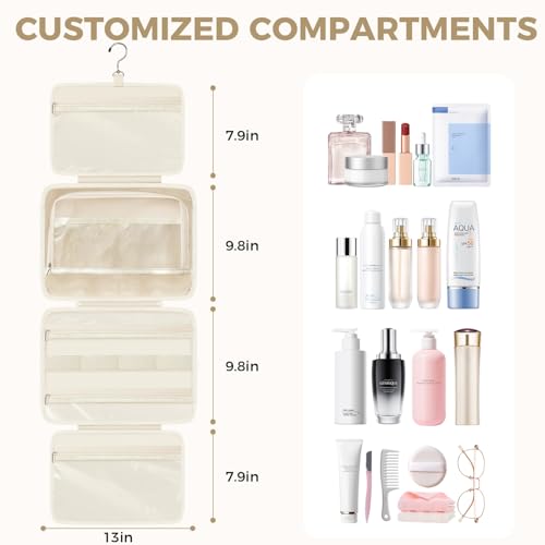 Prezon Portable Hanging Toiletry Bag for Women - 4 Leakproof Compartments, Beige