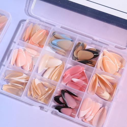 WUHCIM Style-20 French Tip Press-On Nails Set - Medium Almond Reusable Fake Nails with Color Tips