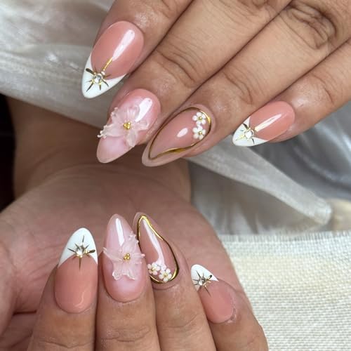 Vlazryk Short Brown French Tip Press On Nails with 3D Metallic Rhinestones