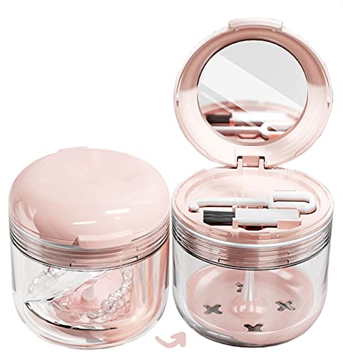Pink Denture & Retainer Bath Case with Mirror, Strainer Basket & Travel Storage