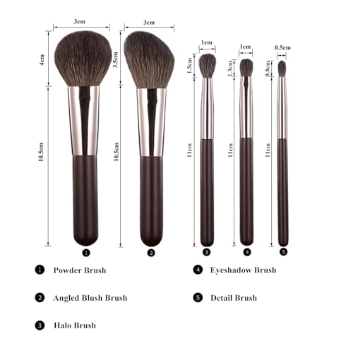 5-Piece Travel Makeup Brush Set with Pouch - Premium Goat Hair