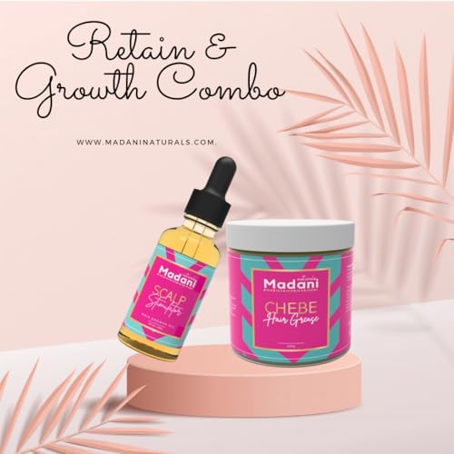 Madani Naturals Hair Growth Combo Set, Chebe Hair Grease and Scalp Stimulator Oil 2oz, for Length Retention, Hair Loss and Repair with Rosemary & Fenugreek