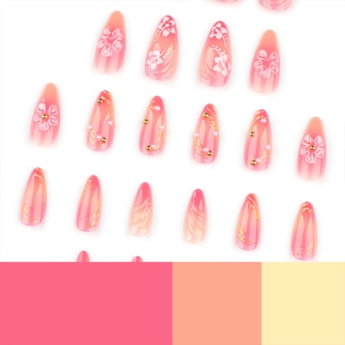 Autumn Flower Press-On Nails with Rhinestones & Gold Line Design - Medium Almond Fake Nails for Manicure, 24Pcs