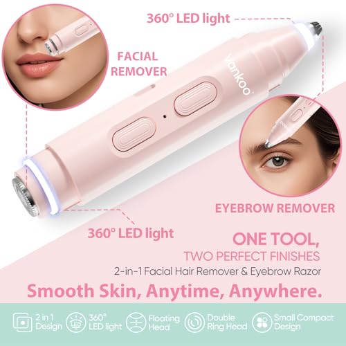 Vankoo 2 in 1 Facial Hair Remover & Eyebrow Trimmer for Women | Electric Face Shaver & Epilator for Face | Painless Flawless Facial Hair Removal for Women, Peach Fuzz & Upper Lip Hair Remover